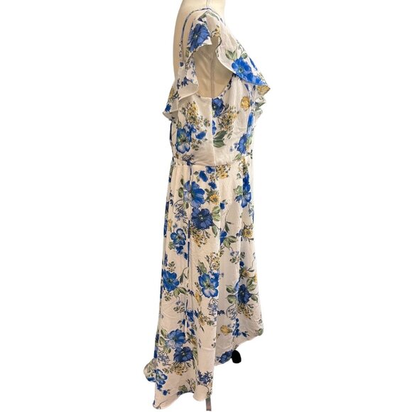 By‎ & By Dress Womens XXL White Blue Floral Chiffon Ruffle Asymmetrical Midi - Picture 4 of 9